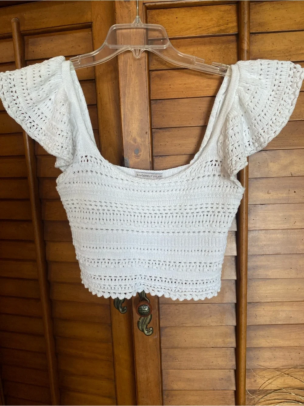 Sincerely Jules Cream Crochet Flutter-Sleeve Crop Top - Picture 1 of 6